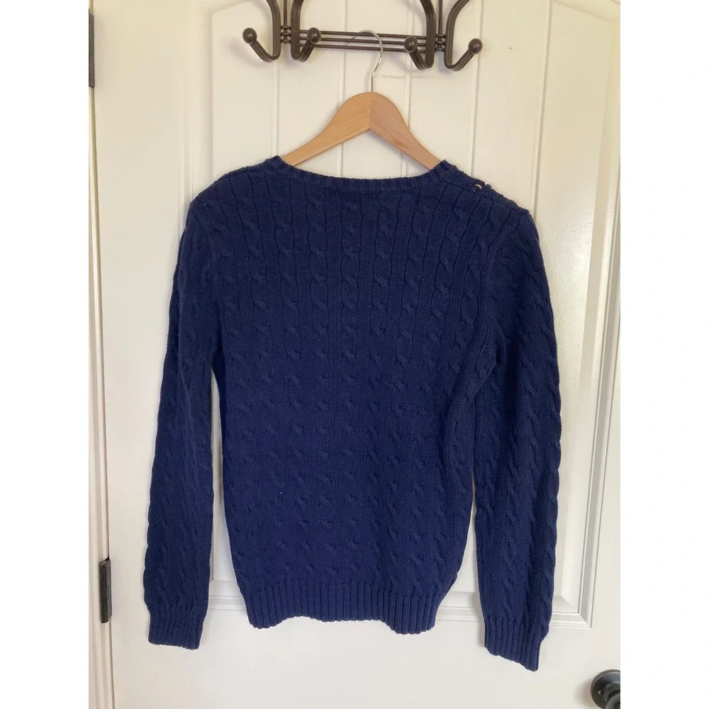 Ralph Lauren Sport Navy Blue Cable Knit V-Neck Cotton Sweater Pink Pony Large
